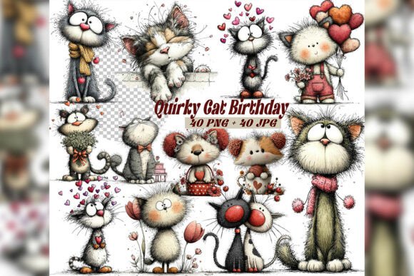 Download Whimsical Cat Birthday Clipart Set - Birthday clipart Collection