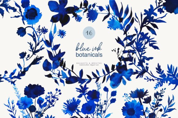 Download Ink Blue Botanicals Watercolor Clipart - Botanicals Collection