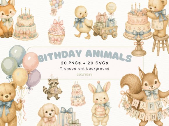 Download Birthday Animals Watercolor Cliparts SVG - Premium Bundle