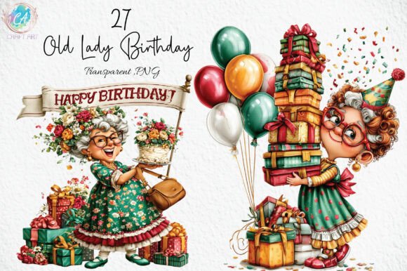 Download Whimsical Old Lady Birthday Clipart PNG - Birthday clipart Collection
